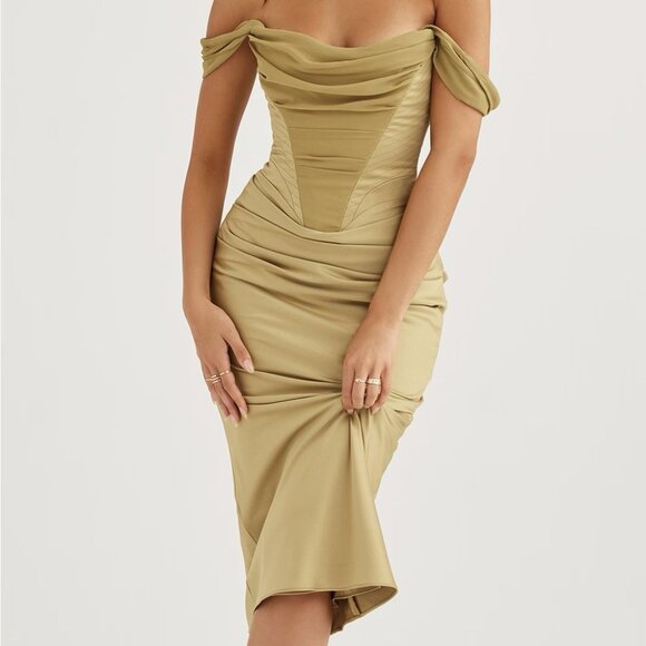 House of CB Dresses & Skirts - House of CB Natalya Olive Satin Corset Midi Dress S